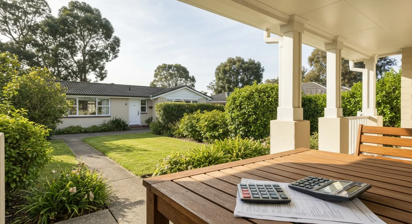 A suburban home exterior with a calculator and documents on a porch table, no.