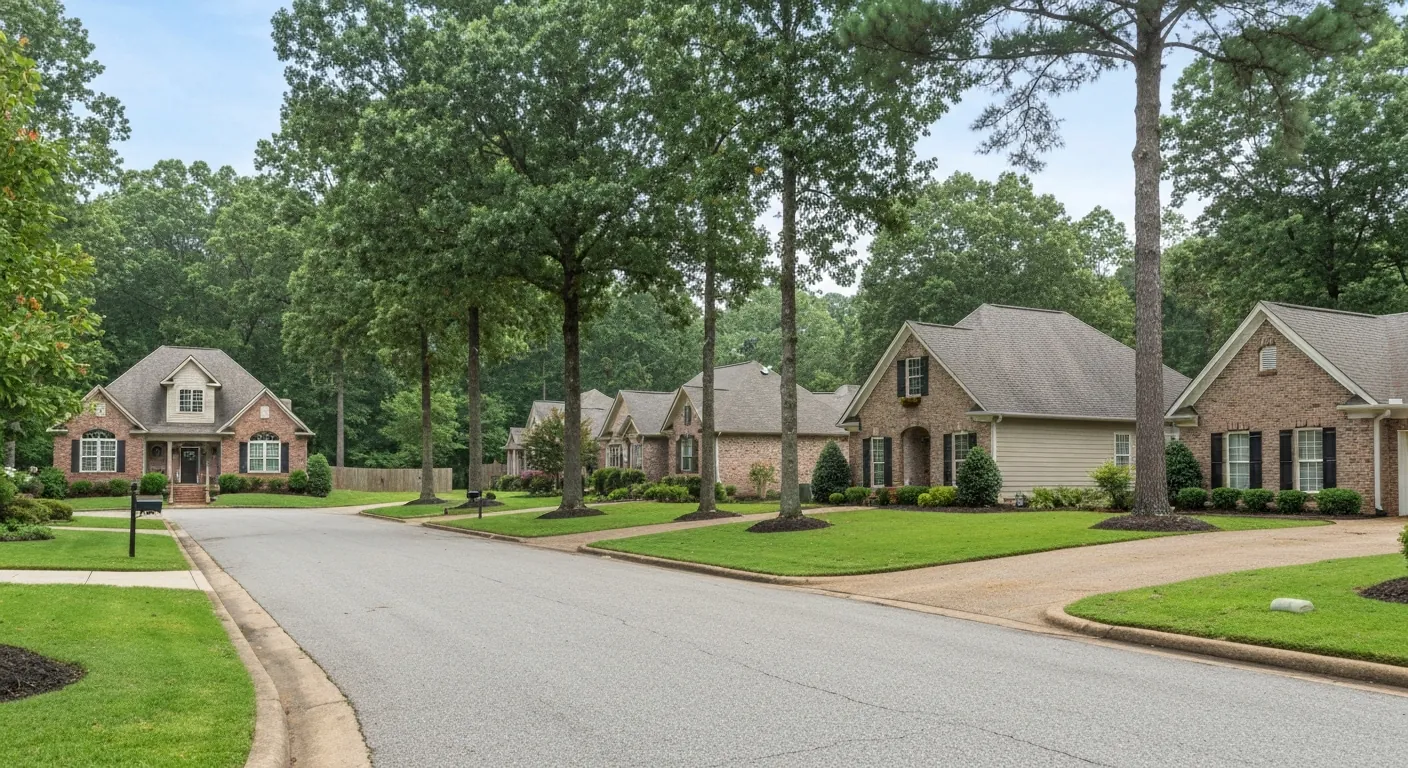 A quiet Middle Tennessee suburban street of single- homes, daytime.