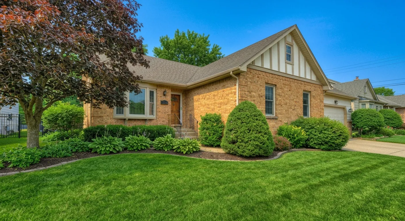 A charming single- home exterior with a lawn and a clear sky, no.