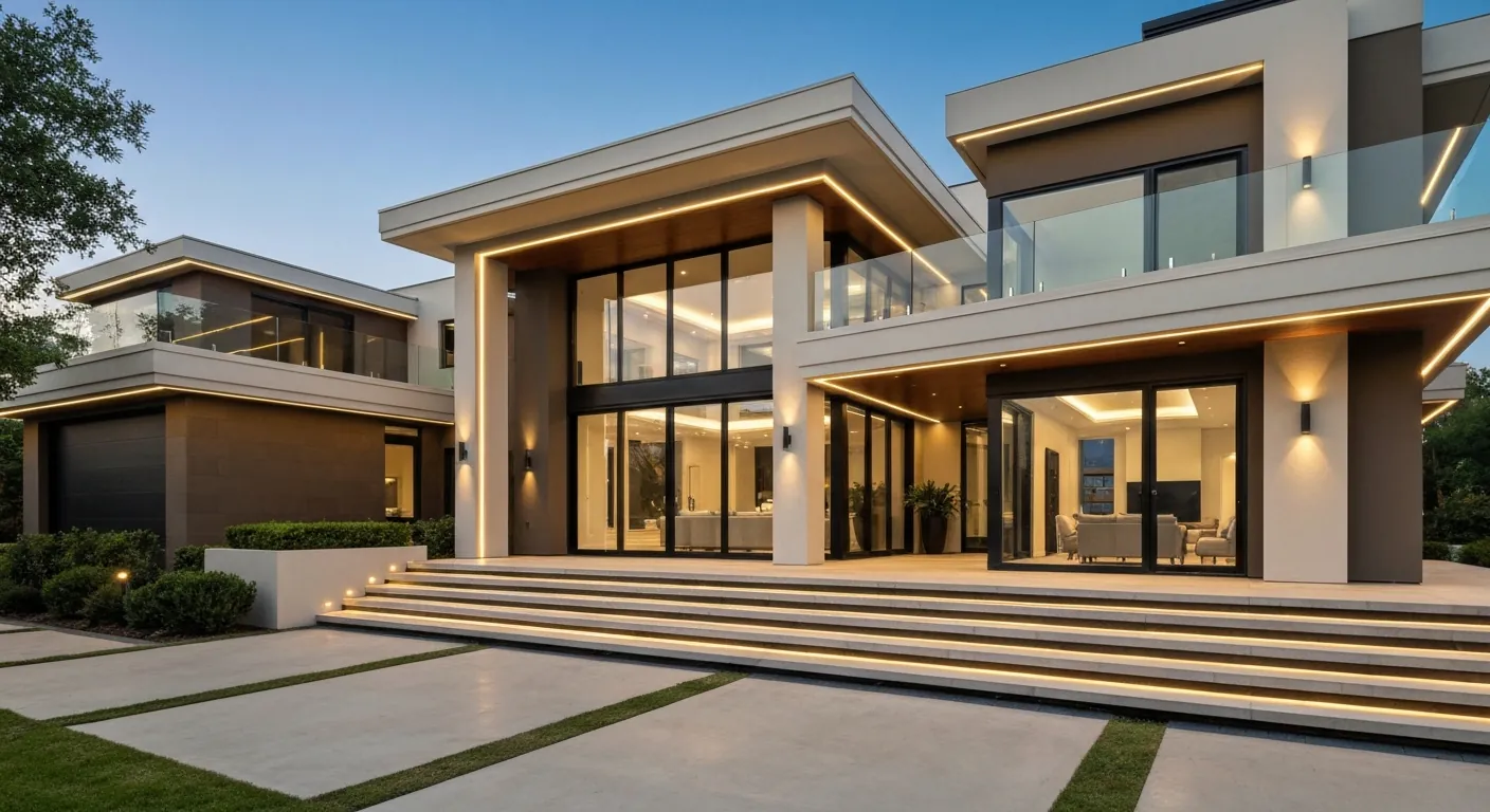 A large upscale modern home exterior with architectural lighting.