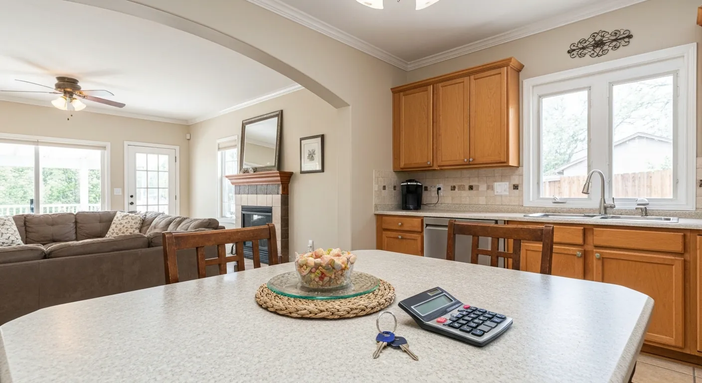 A welcoming single- home with a calculator and keys on a table, no.