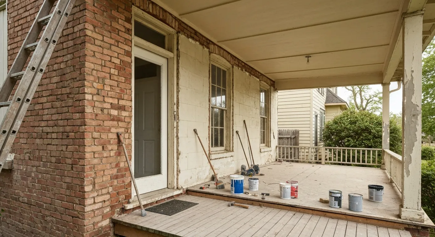 A house mid-renovation with a ladder, paint cans and tools on the porch, no.