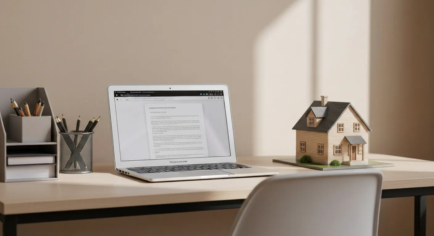 A tidy home office desk with a laptop and a small model house, no.