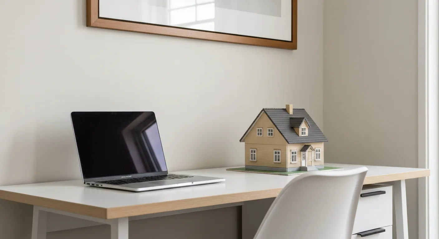 A tidy home office desk with a laptop and a small model house, no.