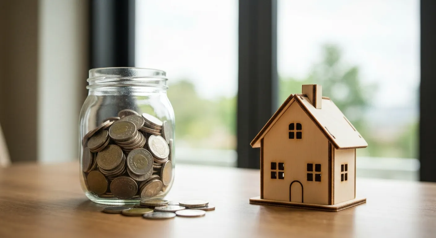 A glass jar of coins and a small wooden model house on a table, soft light, no.