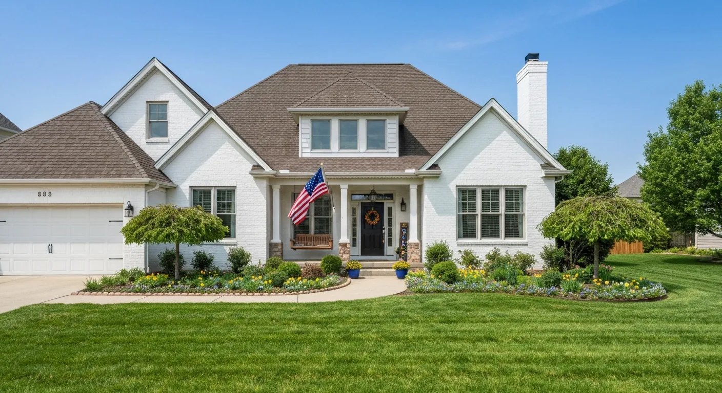 A tidy single- home with an American flag mounted by the front door, no.
