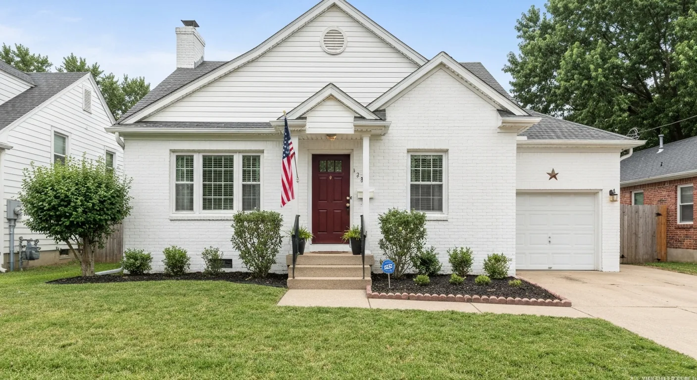 A tidy single- home with an American flag mounted by the front door, no.