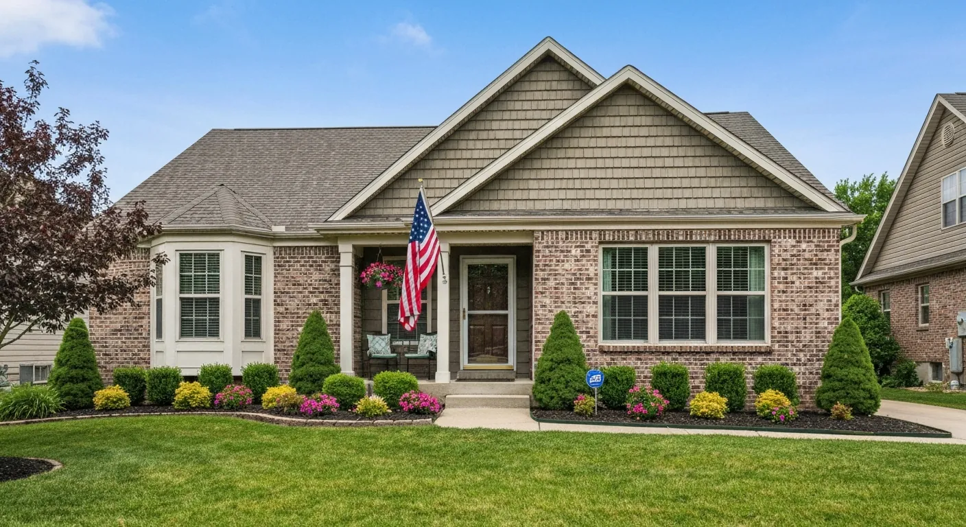 A tidy single- home with an American flag mounted by the front door, no.