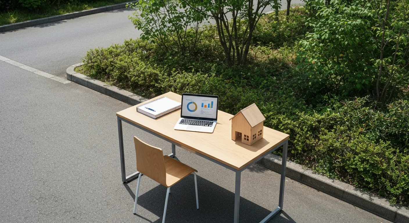 A desk with a laptop showing simple charts beside a small wooden model house, no.