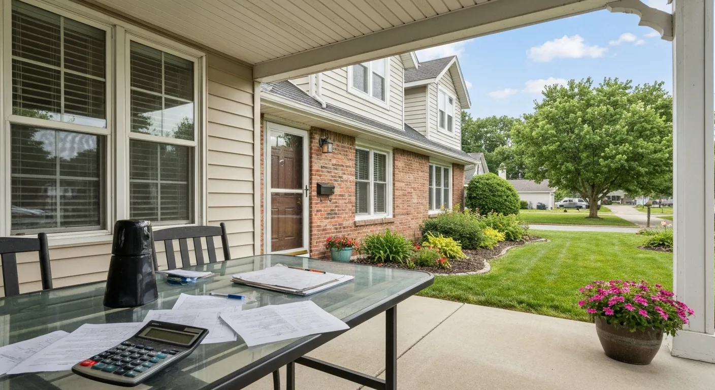 A suburban home exterior with a calculator and documents on a porch table, no.