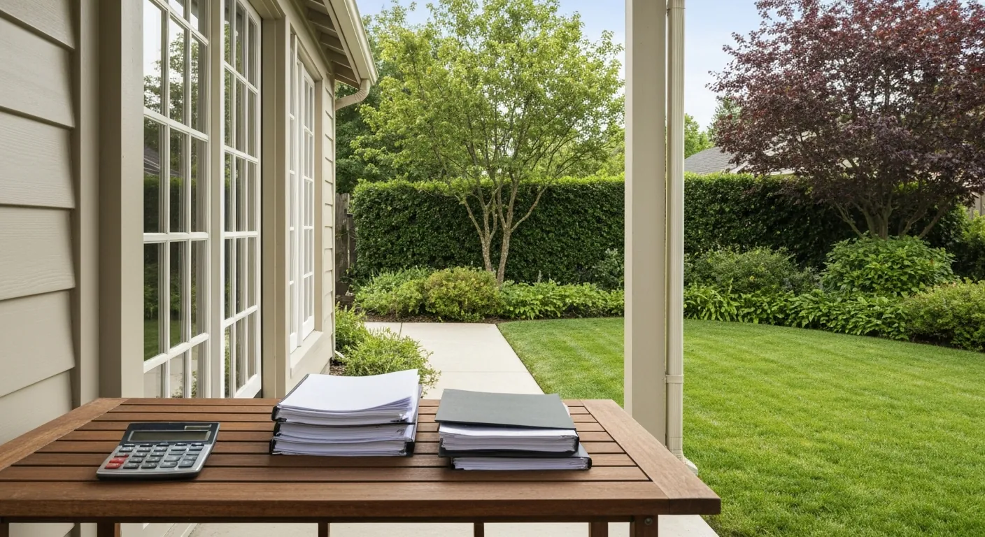 A suburban home exterior with a calculator and documents on a porch table, no.
